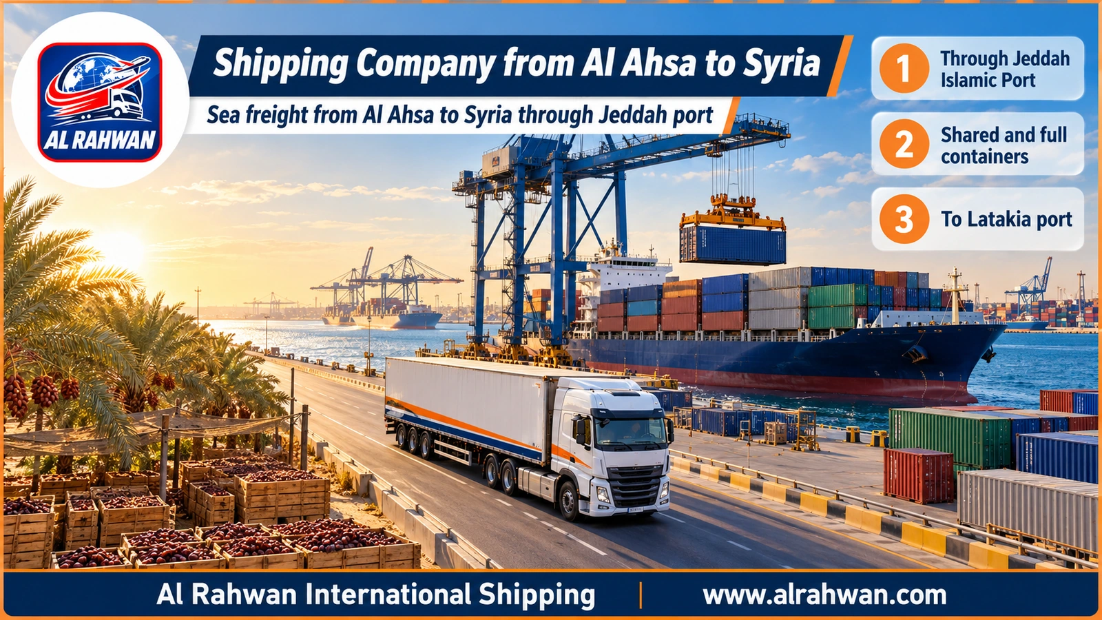 Shipping Company from Al-Ahsa to Syria - sea freight container being loaded onto a vessel at Jeddah Islamic Port bound for Latakia Port