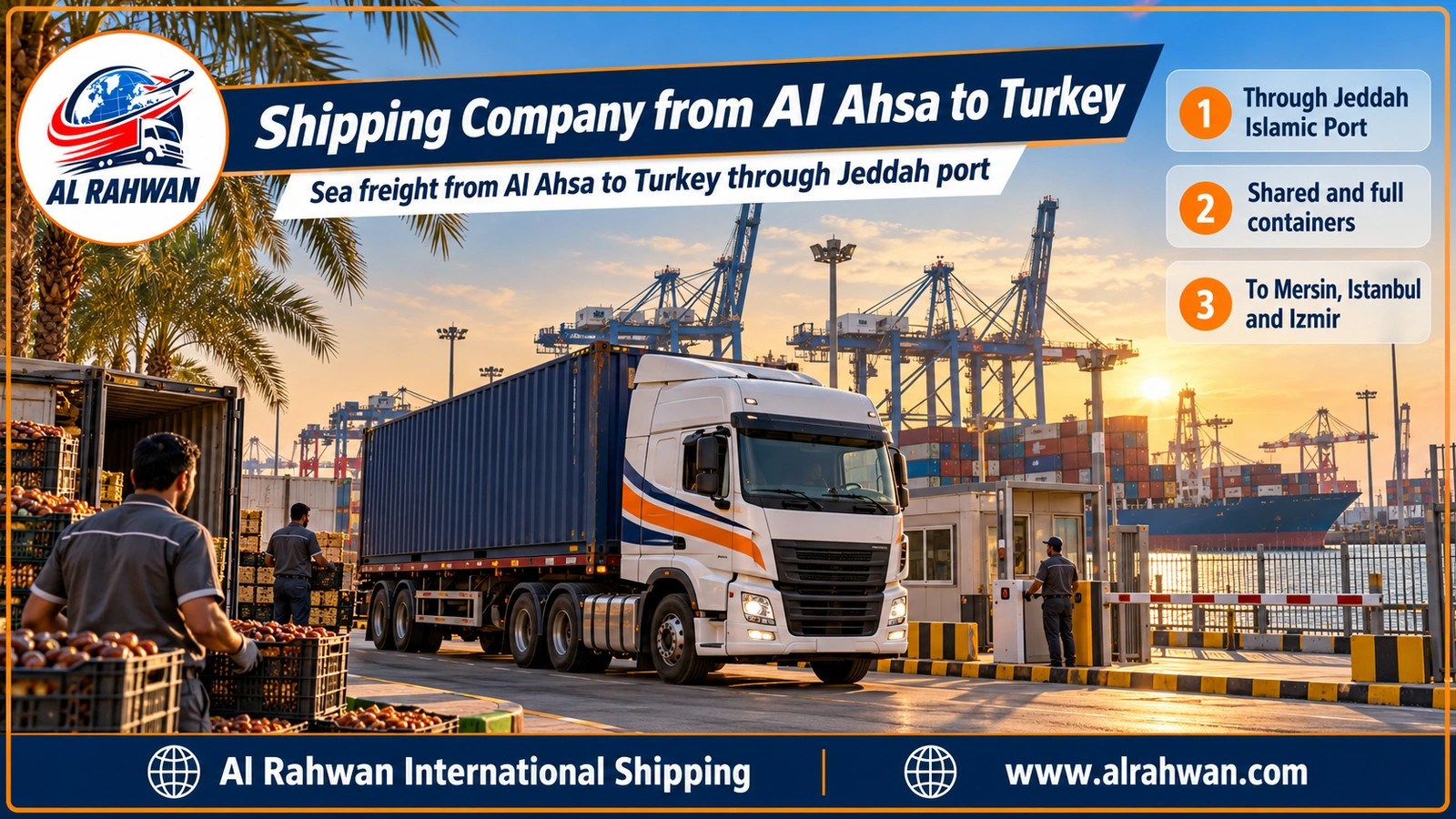 Shipping Company from Al Ahsa to Turkey - colorful shipping containers stacked on the quay of Jeddah Islamic Port before loading onto a vessel bound for the Turkish ports