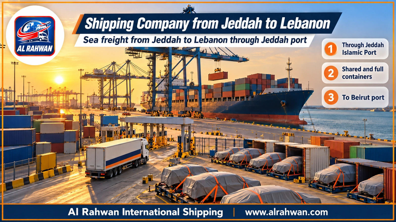 Shipping Company from Jeddah to Lebanon - a sea freight container being loaded onto a vessel at Jeddah Islamic Port bound for Beirut port