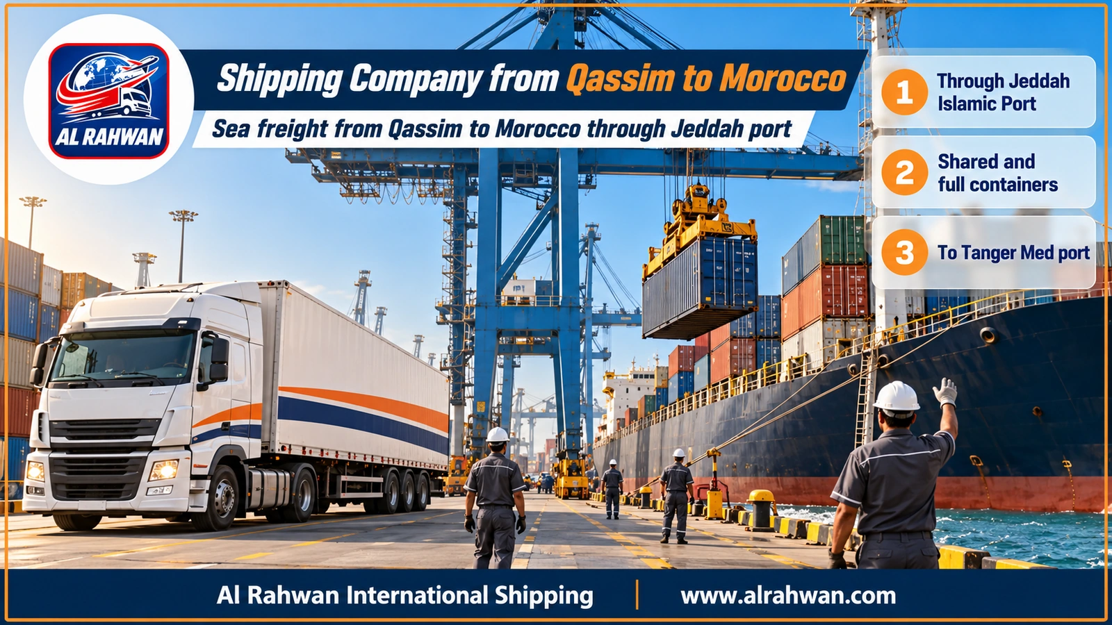 Shipping Company from Qassim to Morocco - a sea freight container on the quay of Jeddah Islamic Port bound for Tanger Med port