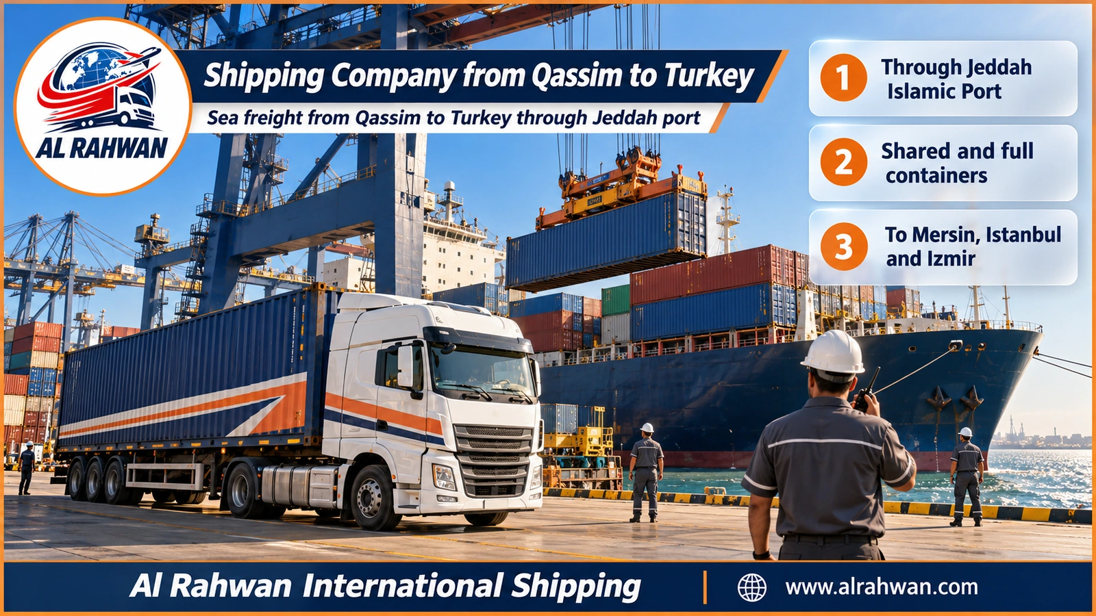 Shipping Company from Qassim to Turkey - a sea freight container being loaded onto a vessel at Jeddah Islamic Port bound for Turkish ports