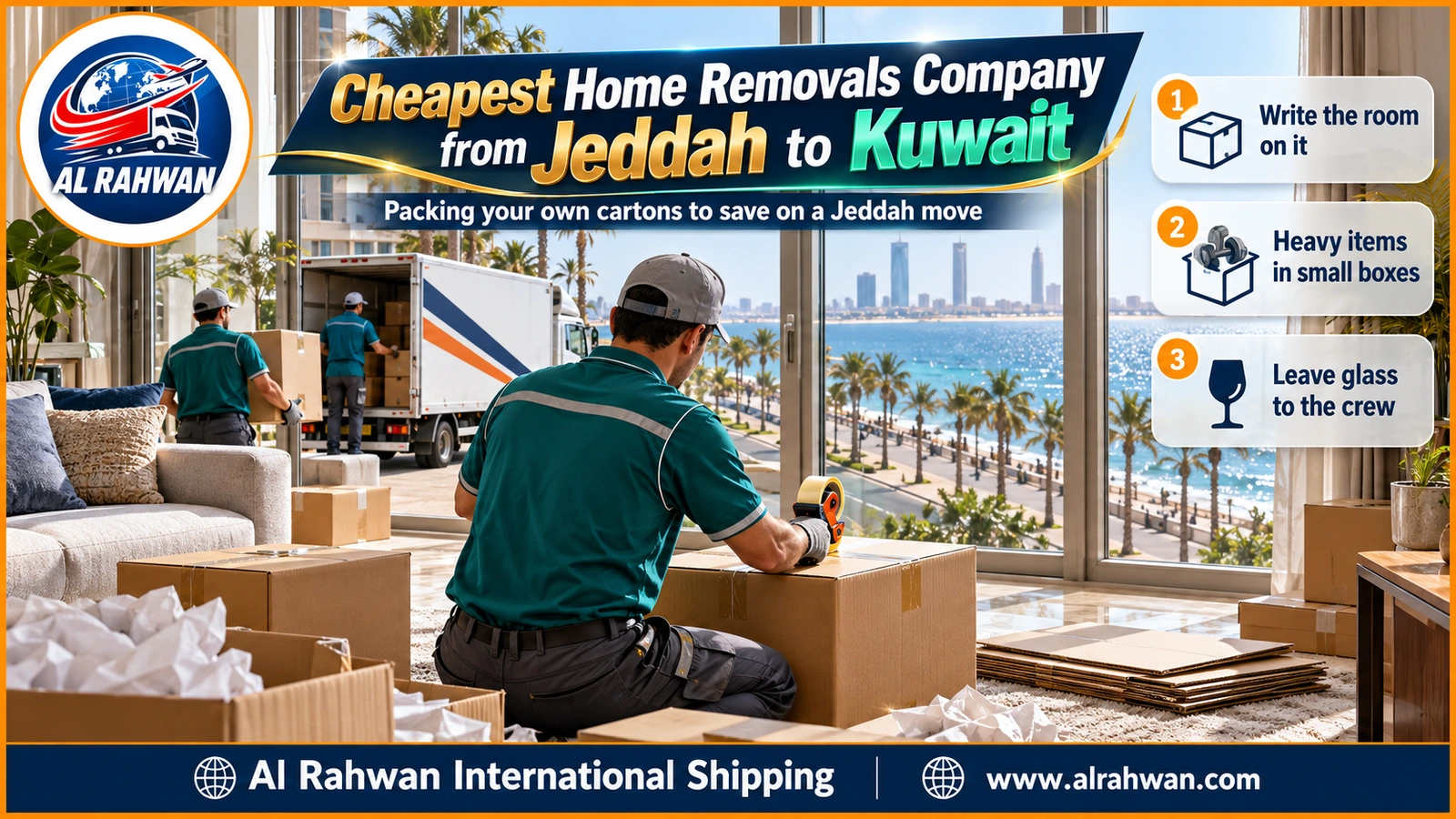Man packing and numbering his own cartons in a Jeddah flat before the move to Kuwait