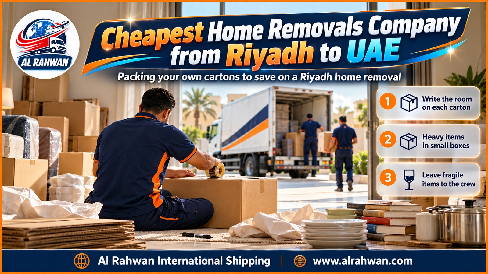 Man arranging numbered, taped cartons in a Riyadh flat ready for the move to the UAE