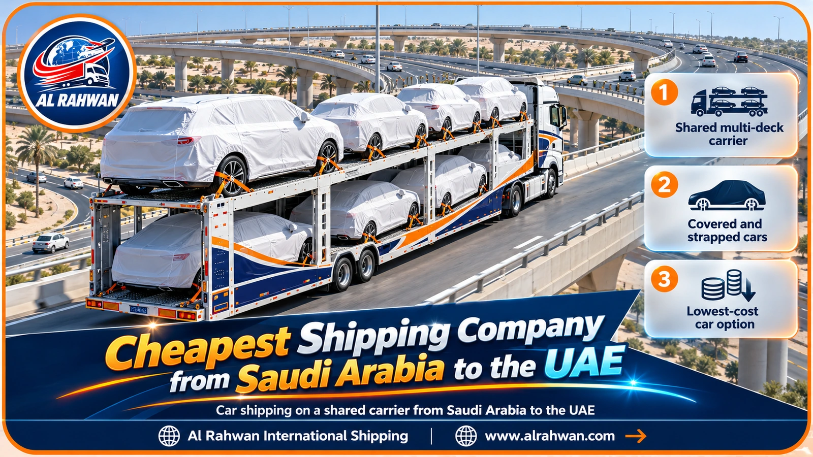Cars covered and strapped on a shared carrier with the cheapest shipping company from Saudi Arabia to the UAE