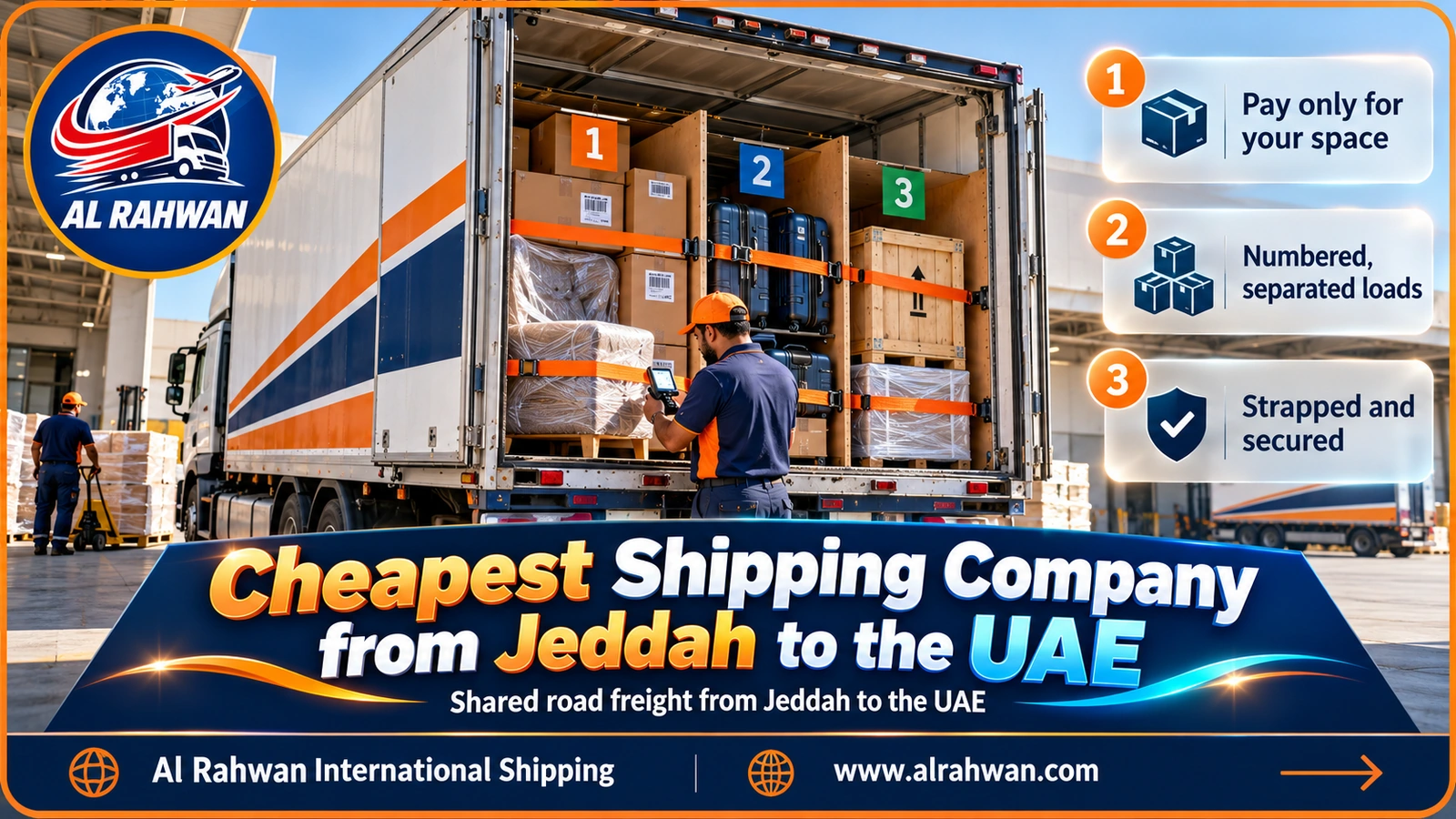 Shared freight lorry from Jeddah to the UAE loaded with numbered, secured shipments
