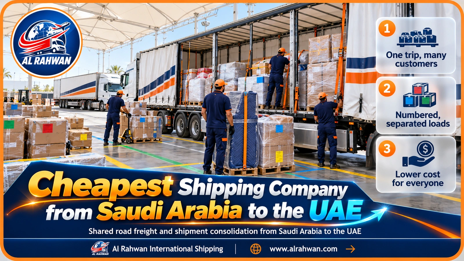 Shipments consolidated on a shared truck with the cheapest shipping company from Saudi Arabia to the UAE