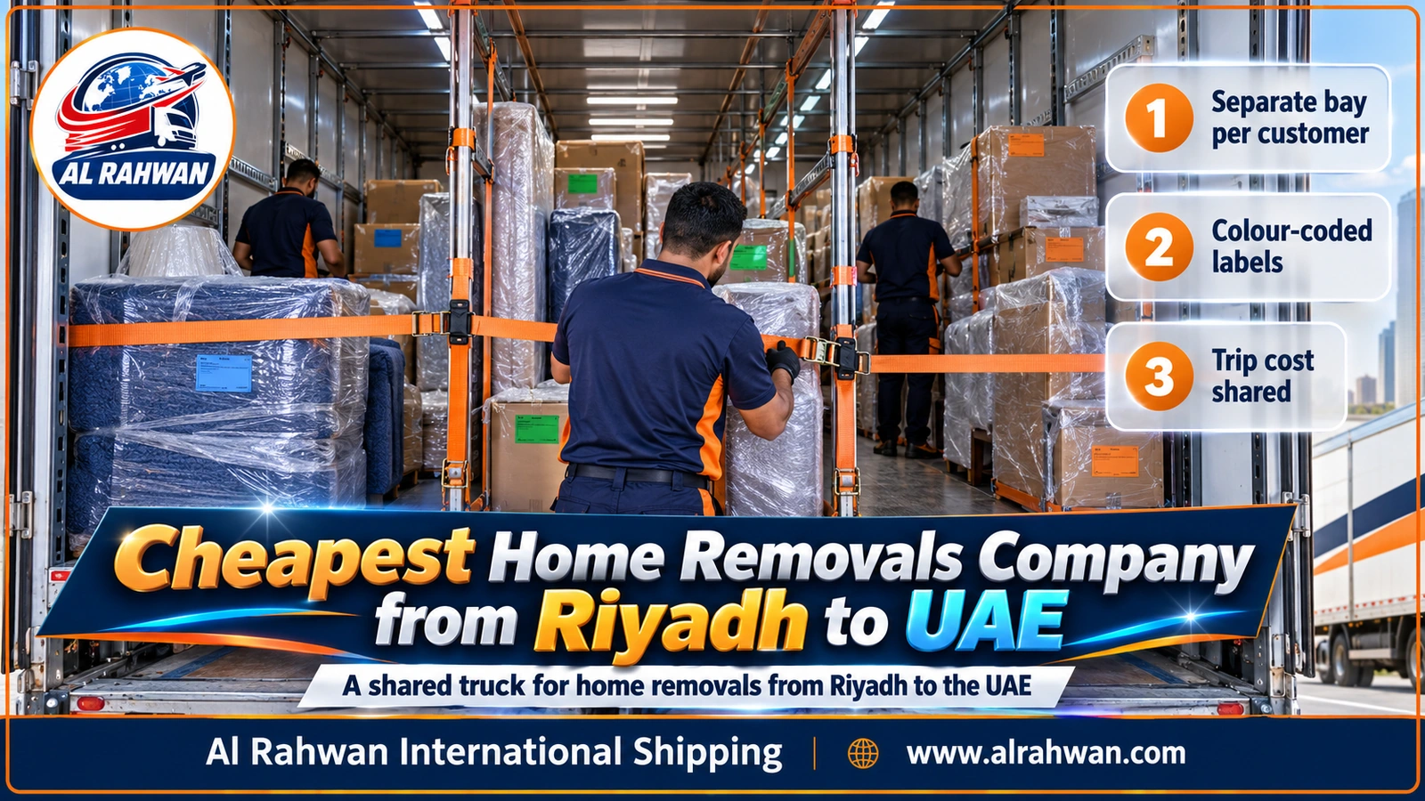 Shared closed truck in Riyadh with several customers’ household goods arranged in numbered sections before the move to the UAE