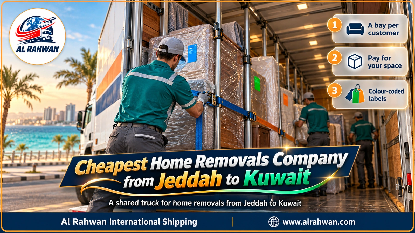 Shared closed truck being loaded with several families' furniture in Jeddah, bound for Kuwait