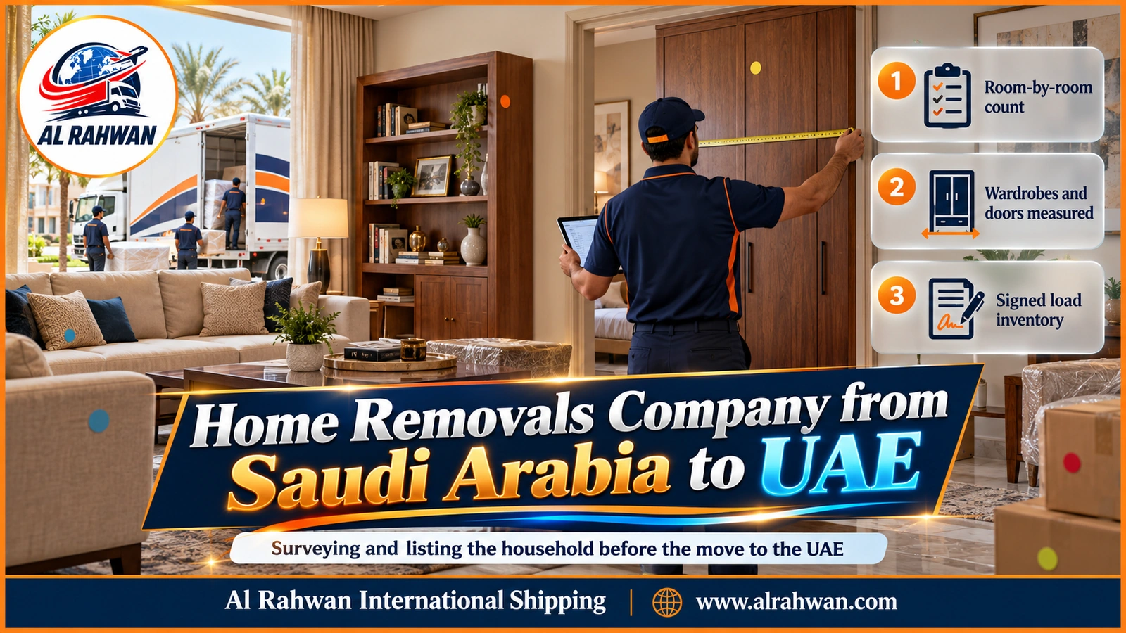 Survey supervisor recording the contents of a Saudi apartment on the inventory list before the move to the UAE