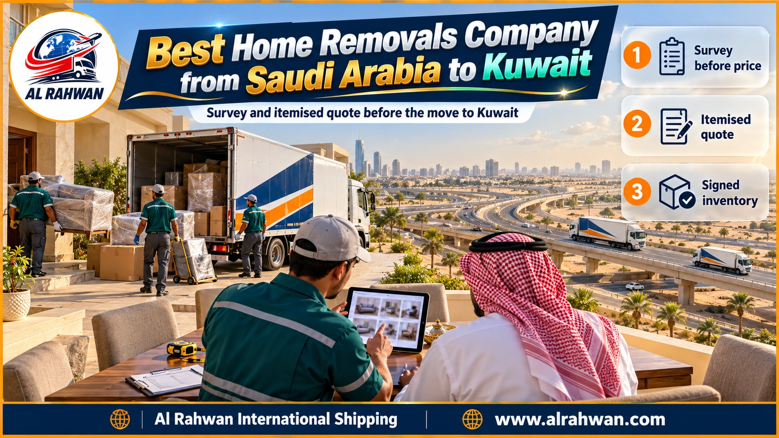 Moving supervisor in a navy shirt and the head of the household, seen from behind, reviewing a photo inventory on a tablet with a tape measure on a dining table before the move to Kuwait