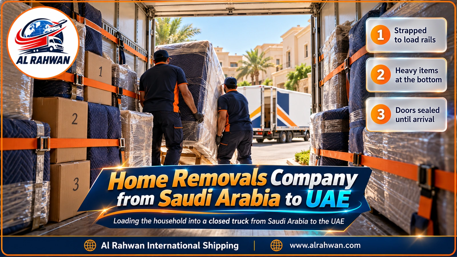 Al Rahwan crew carrying wrapped furniture into a closed truck outside a Saudi apartment block before the trip to the UAE