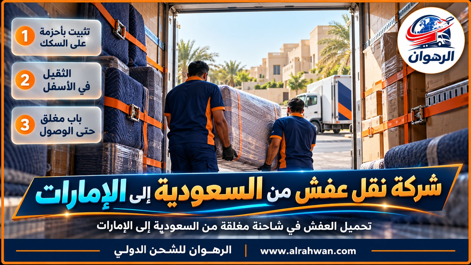عمال الرهوان يحملون عفشاً مغلفاً إلى شاحنة مغلقة أمام عمارة سكنية في السعودية قبل الرحلة إلى الإمارات