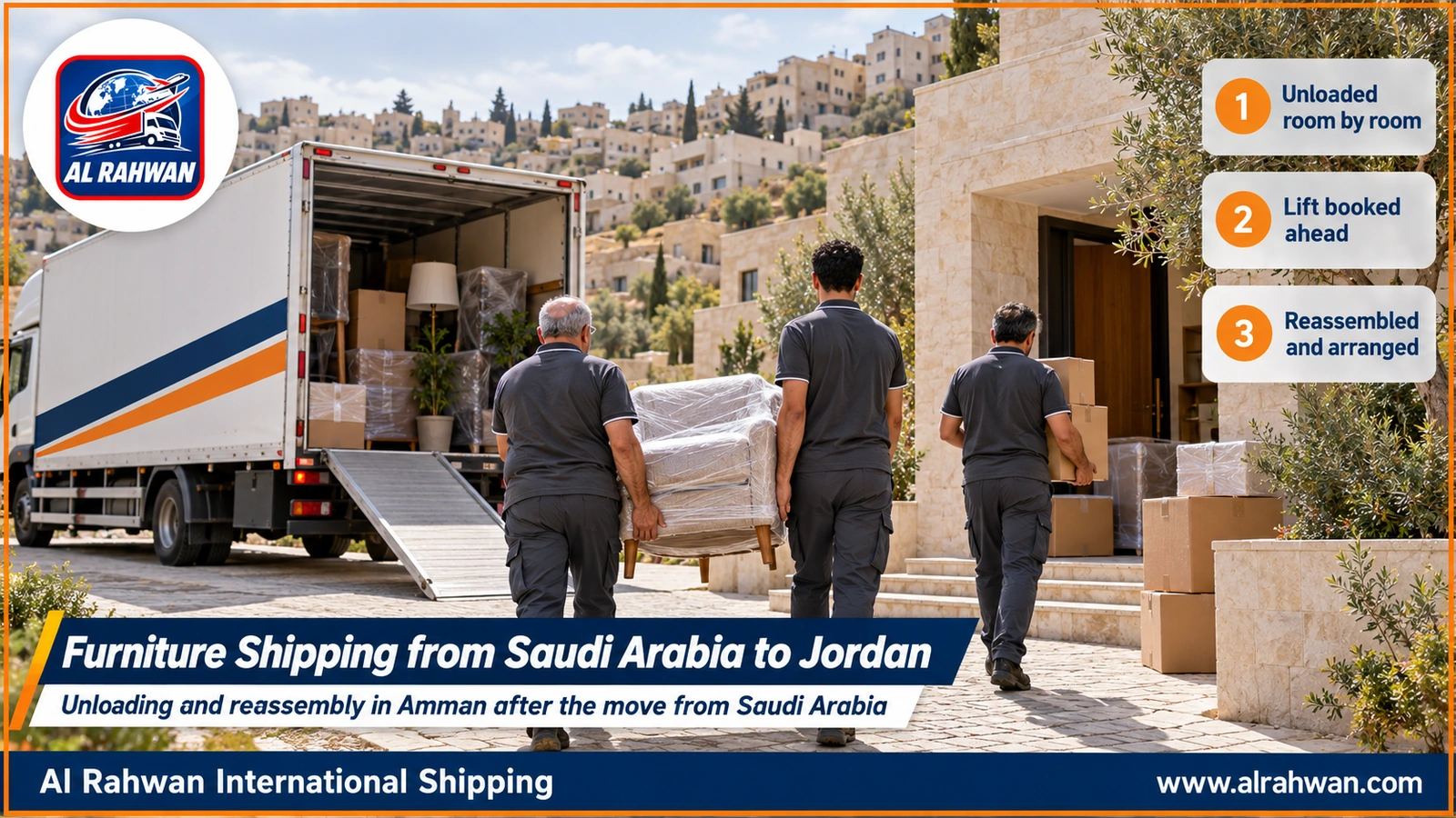 Furniture Shipping from Saudi Arabia to Jordan - workers carrying cartons and furniture pieces off a closed truck outside a residential building in Amman