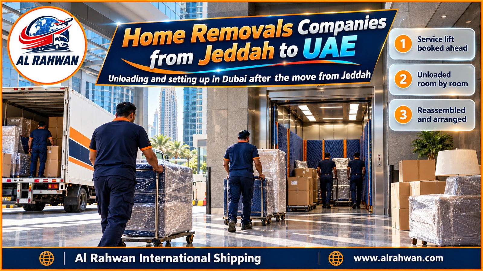 Crew unloading numbered household cartons from a truck outside a residential building in Dubai after arriving from Jeddah