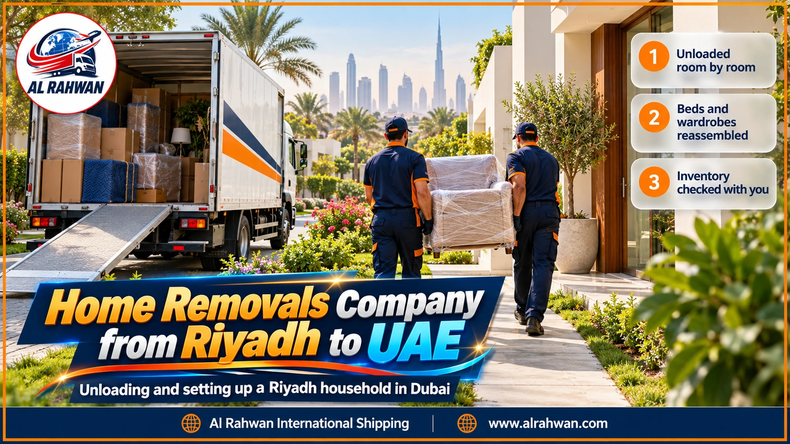 Al Rahwan workers unloading wrapped furniture from a truck outside a residential building in Dubai after the move from Riyadh