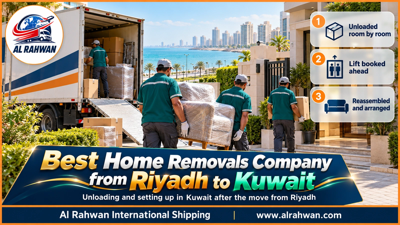 Best home removals company from Riyadh to Kuwait - unloading furniture outside a home in Kuwait for assembly