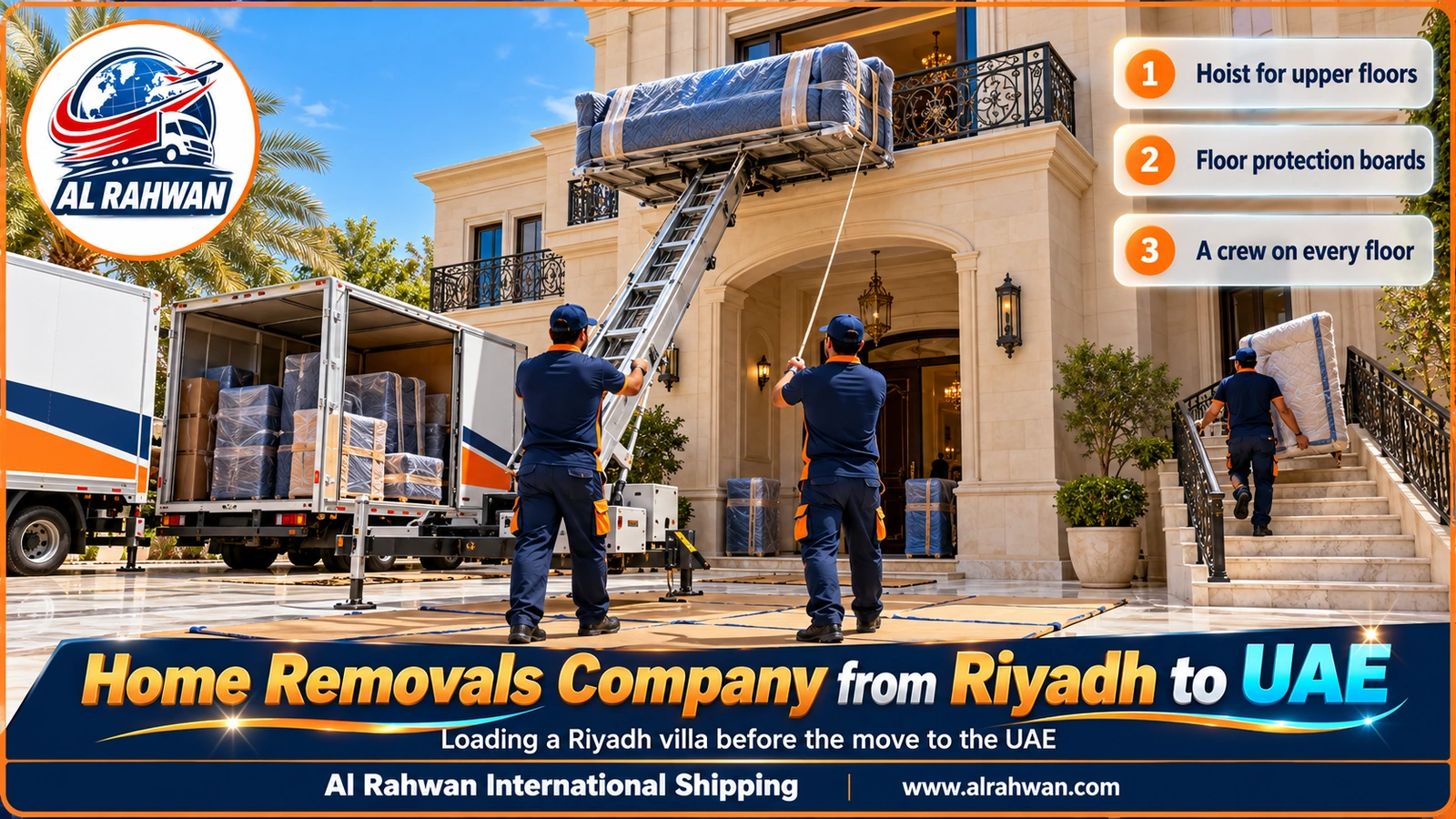 Wrapped villa furniture being loaded into a closed truck outside a villa in Riyadh before the move to the UAE