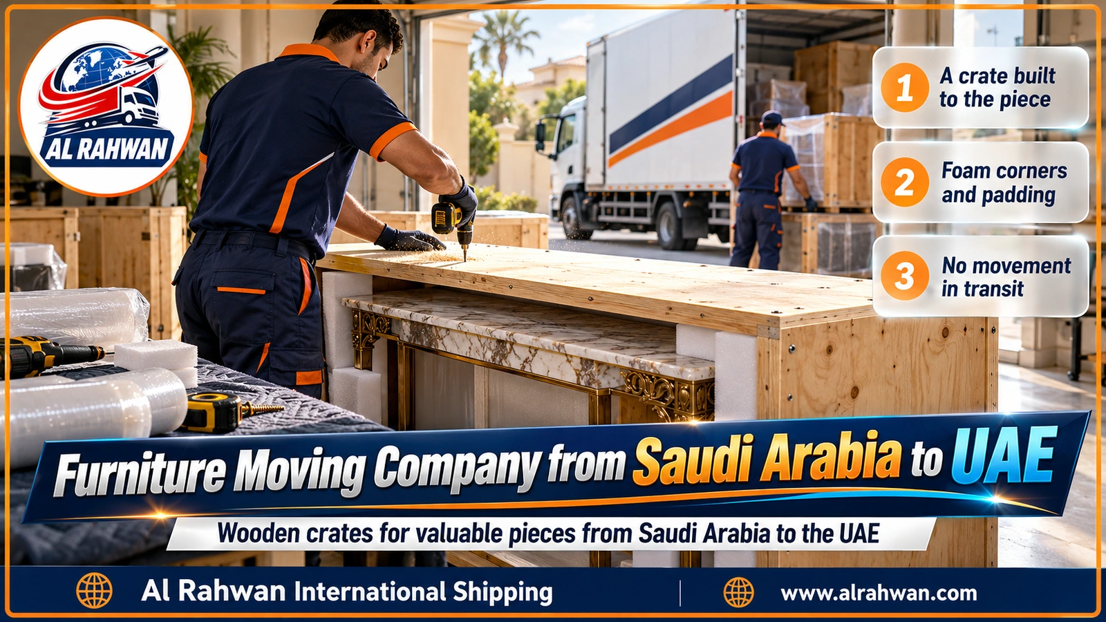 Carpenter fixing the boards of a wooden crate built to fit a wrapped valuable furniture piece before the move from Saudi Arabia to the UAE