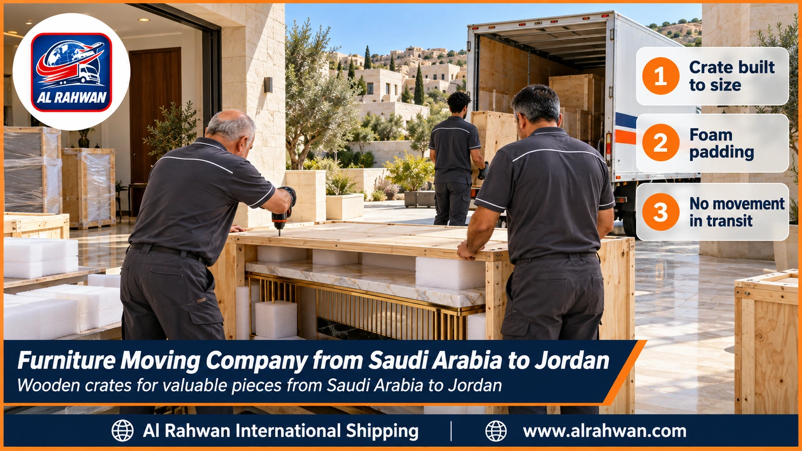 Furniture Moving Company from Saudi Arabia to Jordan - a carpenter builds a foam-padded wooden crate for a round marble table before loading