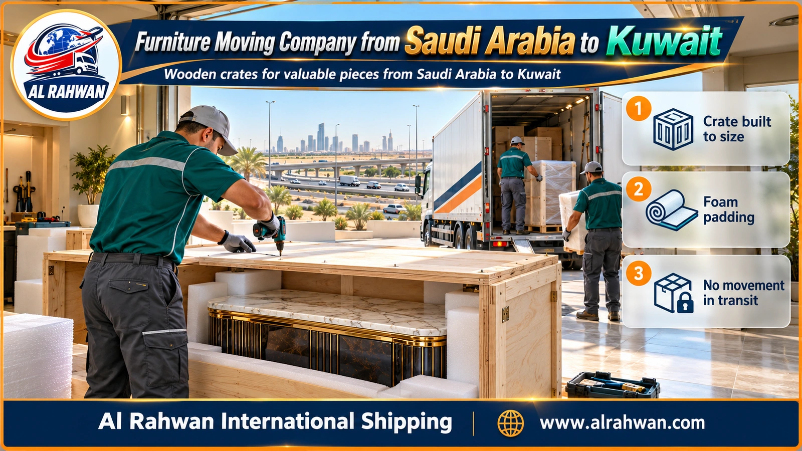 Mover in a navy shirt screwing down the lid of a plywood crate built around a marble-topped console in a Saudi villa garage before the move to Kuwait