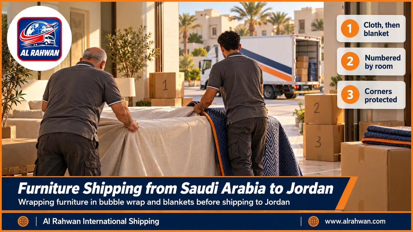 Furniture Shipping from Saudi Arabia to Jordan - a worker wrapping a wooden chair in bubble wrap and a blanket before placing it in the truck